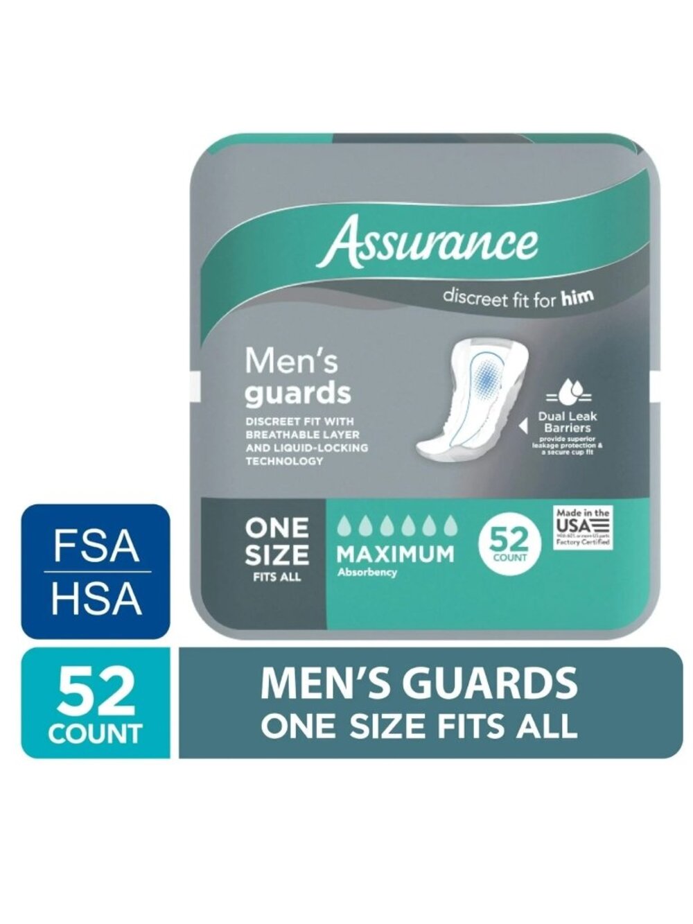 Assurance Mens Guards Maximum Absorbency-Incontinence pads One Size 52 Count